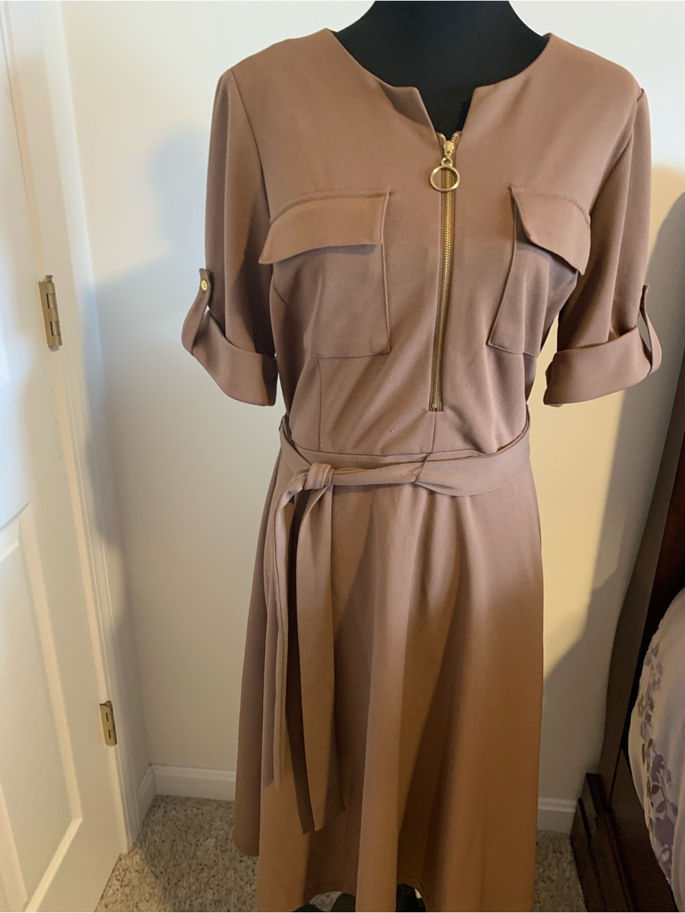 Shelby & Palmer Brown Zip-Front Belted Midi Shirt Dress
